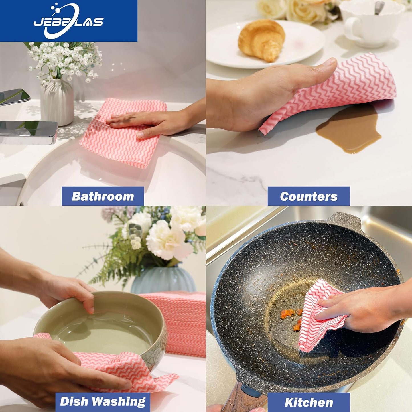 JEBBLAS Handi Wipes Reusable Cloths Dry Cleaning Cloths Dish Towel Kitchen Towel Handy Cleaning Wipes,Pack of 50, Red