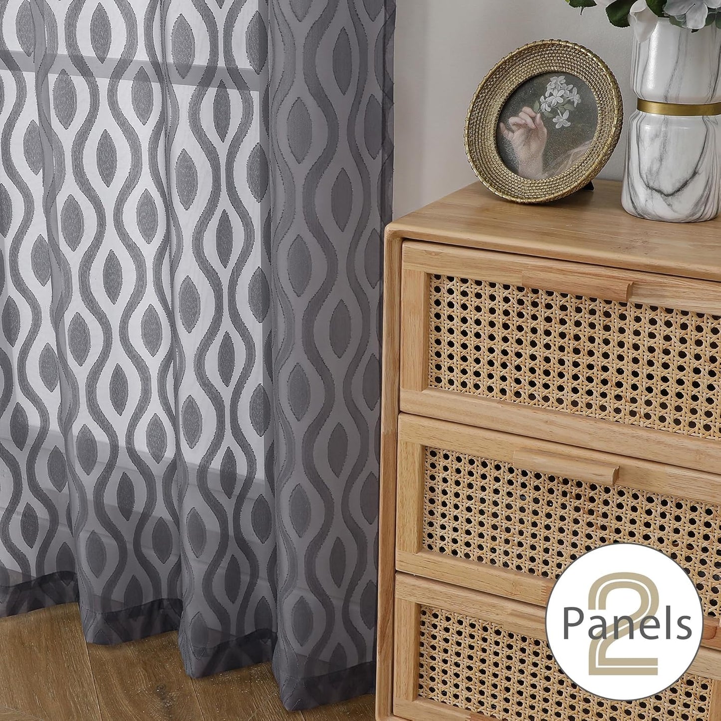 Aiyufeng Sheer Grey Curtains 54 Inch Length 2 Panels, Soft Lightweight Clip Jacquard Textured, Modern Wavy Line Voile for Bedroom Living Room, 40" W x 54" L