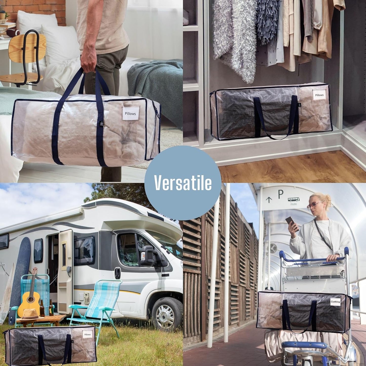 VENO 6 Pack Moving Bags Plastic Storage Totes Clothes Organization Large W Lid/Zipper. Packing Boxes/Bins Alternative. Space Saving Foldable College Supplies Essentials (Clear, 6 Pack)