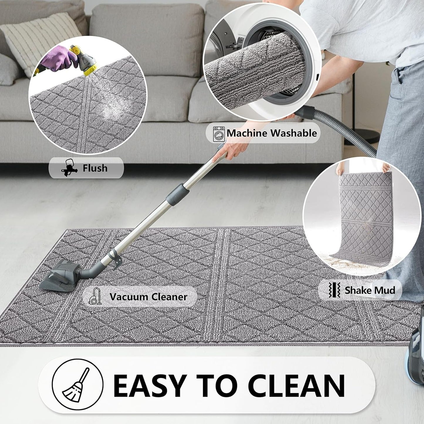 REFETONE Indoor Doormat, Front Back Door Mat 20"x32" Rubber Backing Non Slip Mats, Absorbent Resist Dirt Entrance Rugs for Entryway, Washable Low-Profile Inside Floor Mat for Muddy Wet Shoes, Grey