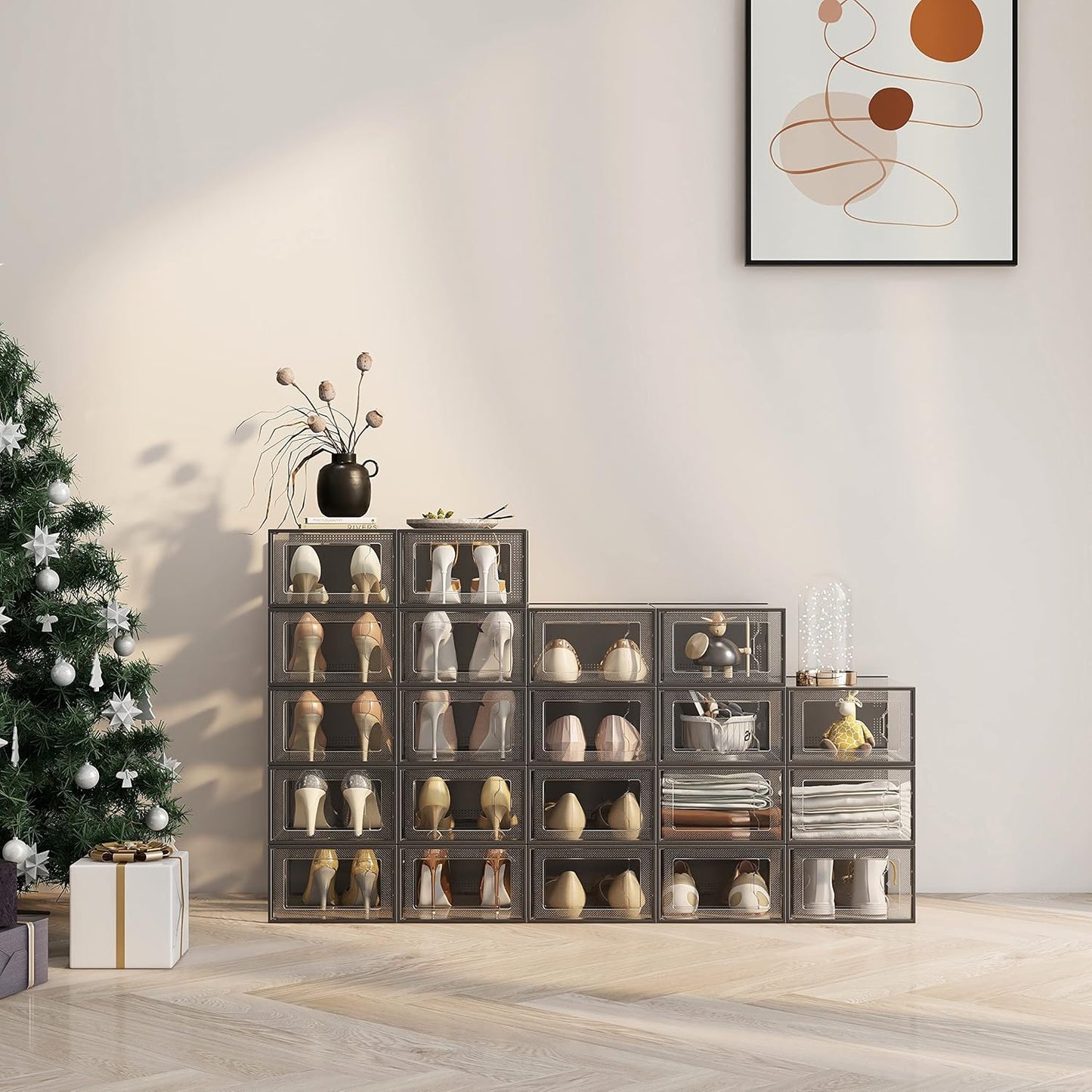 SEE SPRING 12 Pack Shoe Storage Box, Clear Plastic Stackable Shoe Organizer for Closet, Space Saving Shoe Rack for Entryway Sneaker Container Bin Holder (Black)