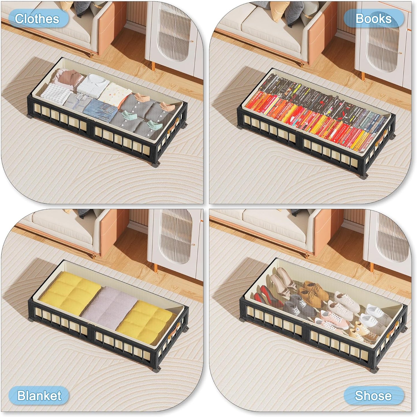 efluky 2-Pack Bamboo Under Bed Storage with Wheels, Rolling UnderBed Storage Basket with Large Dust Bag, Under Bed Storage Containers for Bedroom, Dorm and Basement, Black