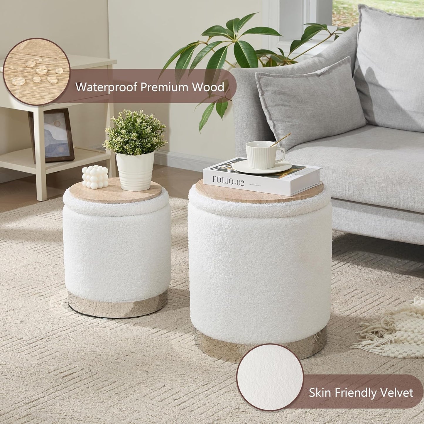 Royal Windsor Boucle Round Ottoman with Storage Set of 2, Vanity Stool with Storage for Bedroom, Ottoman Coffee Table Silver-Tone Ring Around The Base, Small Foot Stool for Living Room, White