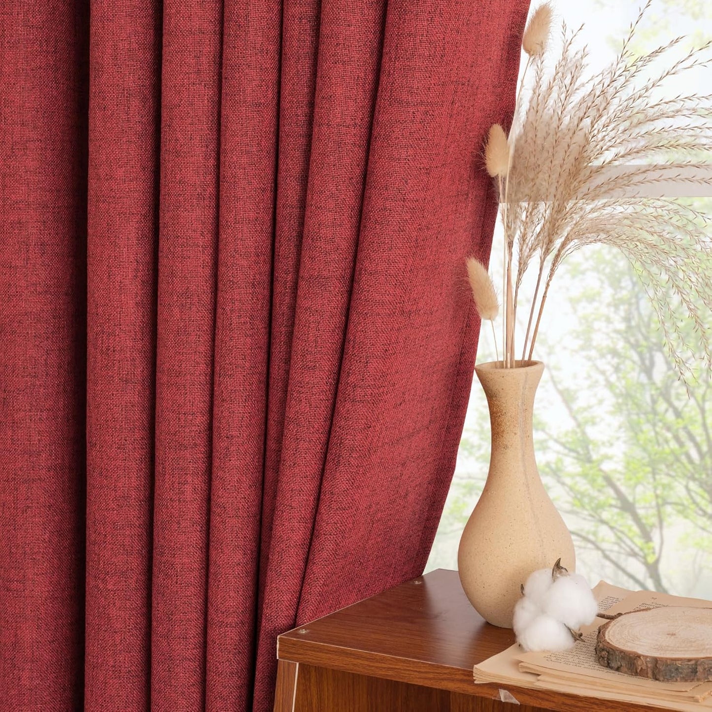 YoungsTex Red Linen Curtains 40 Inch Long for Kitchen, Small Semi Sheer Drapes with Rod Pocket Back Tab Light Filtering Christmas Decor for Bathroom Cafe Short Window, 2 Panels, 42 X 40 Inch