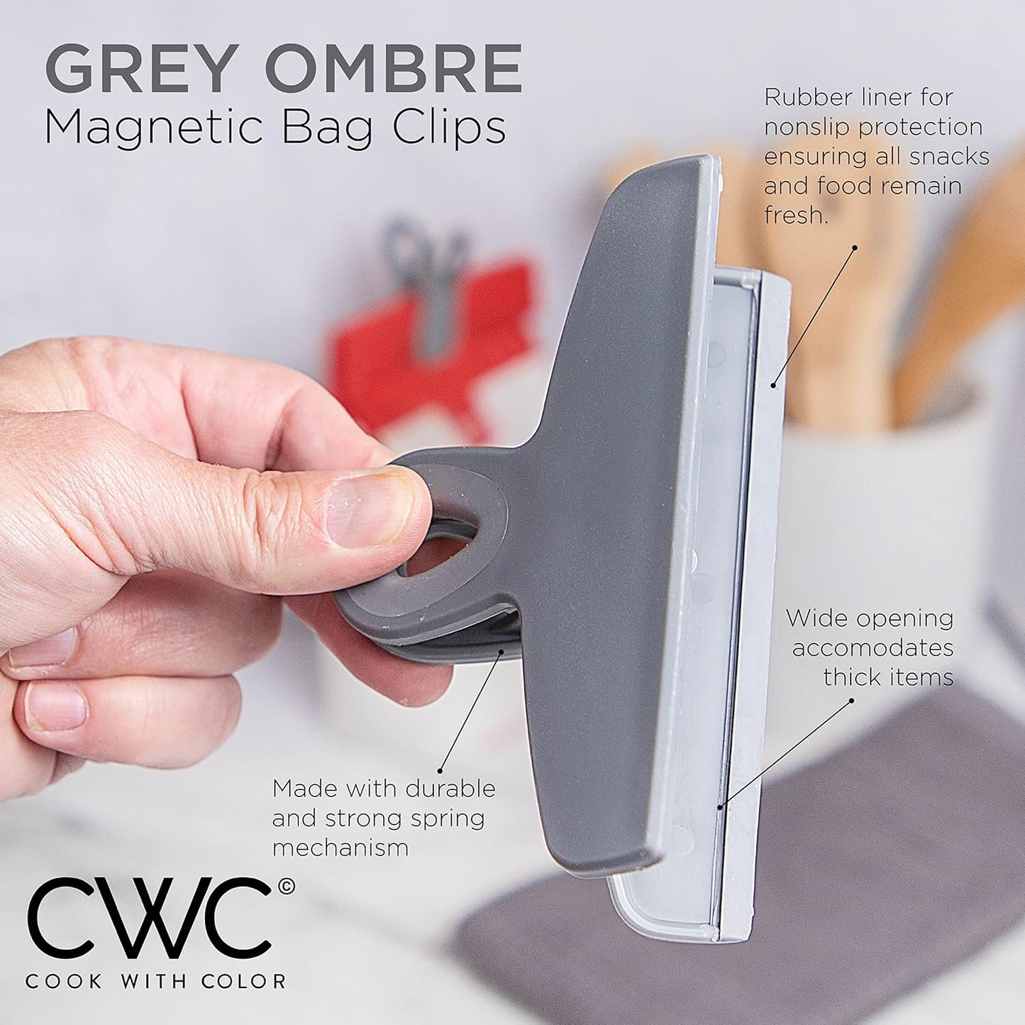 COOK WITH COLOR Bag Clips - Heavy Duty Chip Clip and Refrigerator Magnet Clips for Food Storage with Air Tight Seal Grip, Grey Ombre, Pack of 8