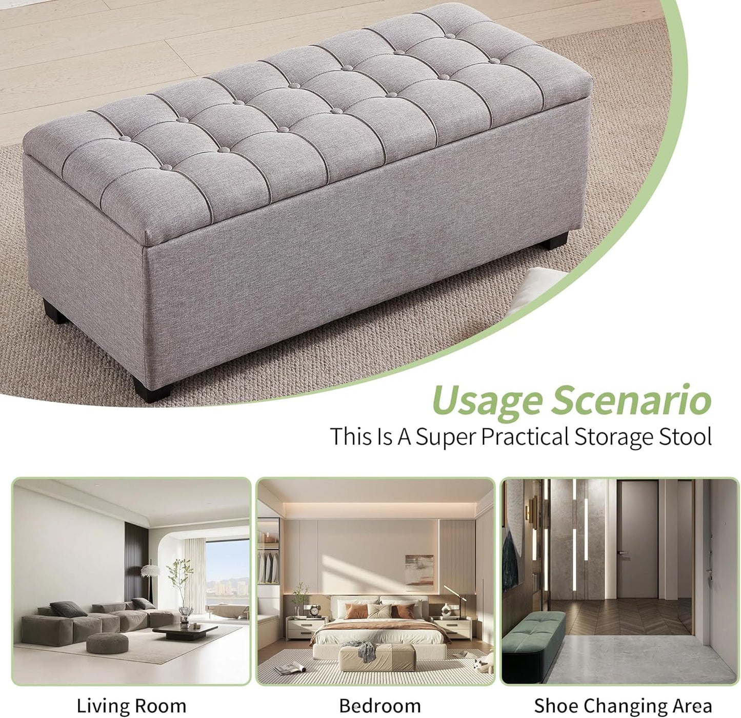 Ottoman with Storage 38 inches, Furniture End of Bed Storage Benches, Long Ottomans Bench with hinged lid, Bench seat Trunk for Foot Rest in Bedroom, Living Room (Gray)