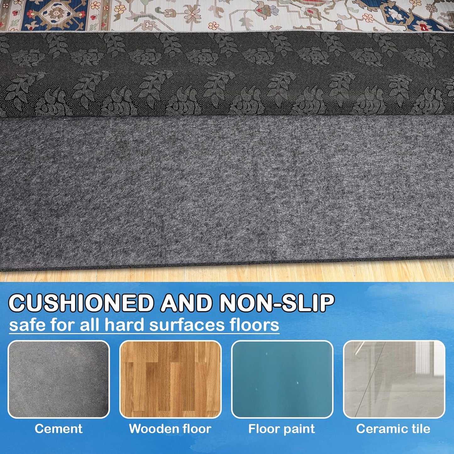 Non-Slip Rug Pads 2 x 10ft, 100% Waterproof Extra Large Area Rugs Non Skid Rug Pad for All Floors and Finishes Durable Hardwood Floor Protective Felt Keeps Rugs in Place, Safe and Secure