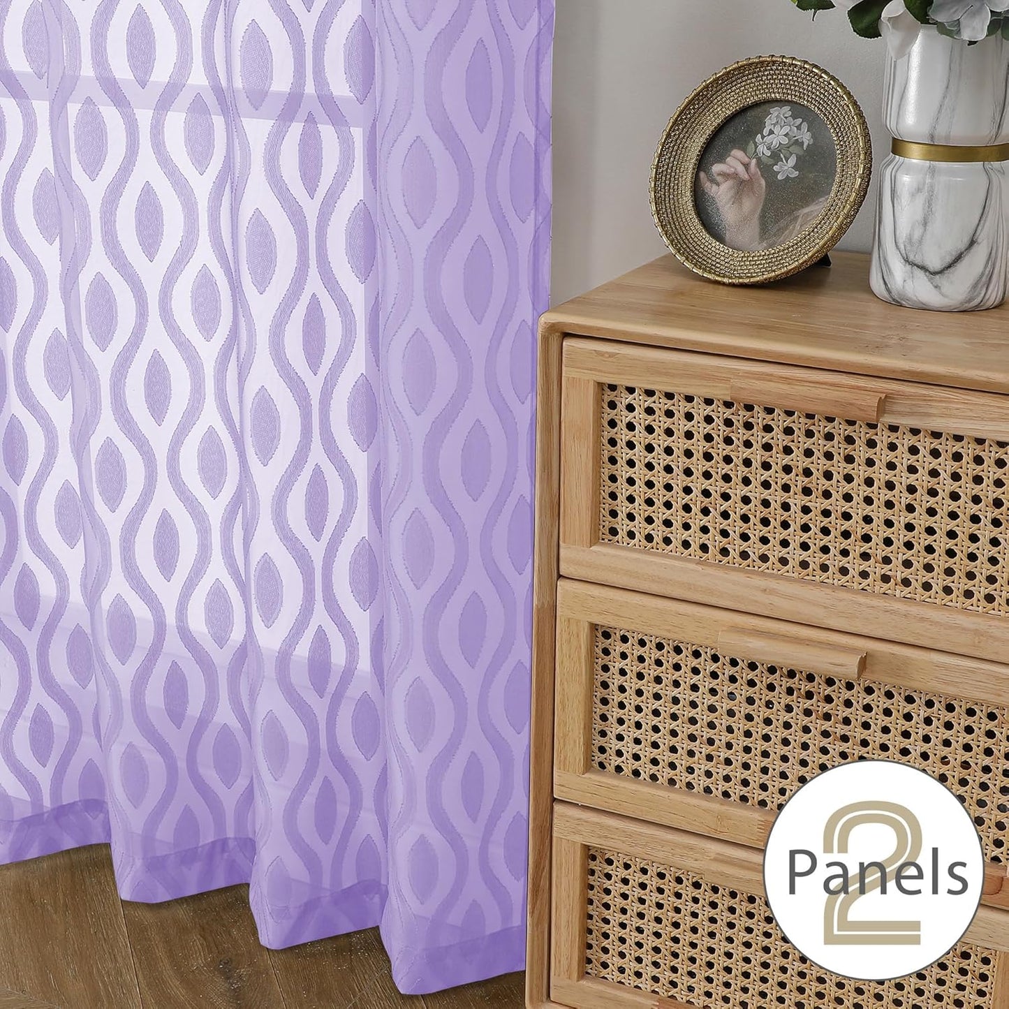 Aiyufeng Light Purple Valances for Windows, Chic Wavy Line Clip Jacquard Voile Sheer Small Window Curtain for Basement, Lightweight Rod Pocket Short Curtains for Windows, 2 PCS, 40Wx14L Inches