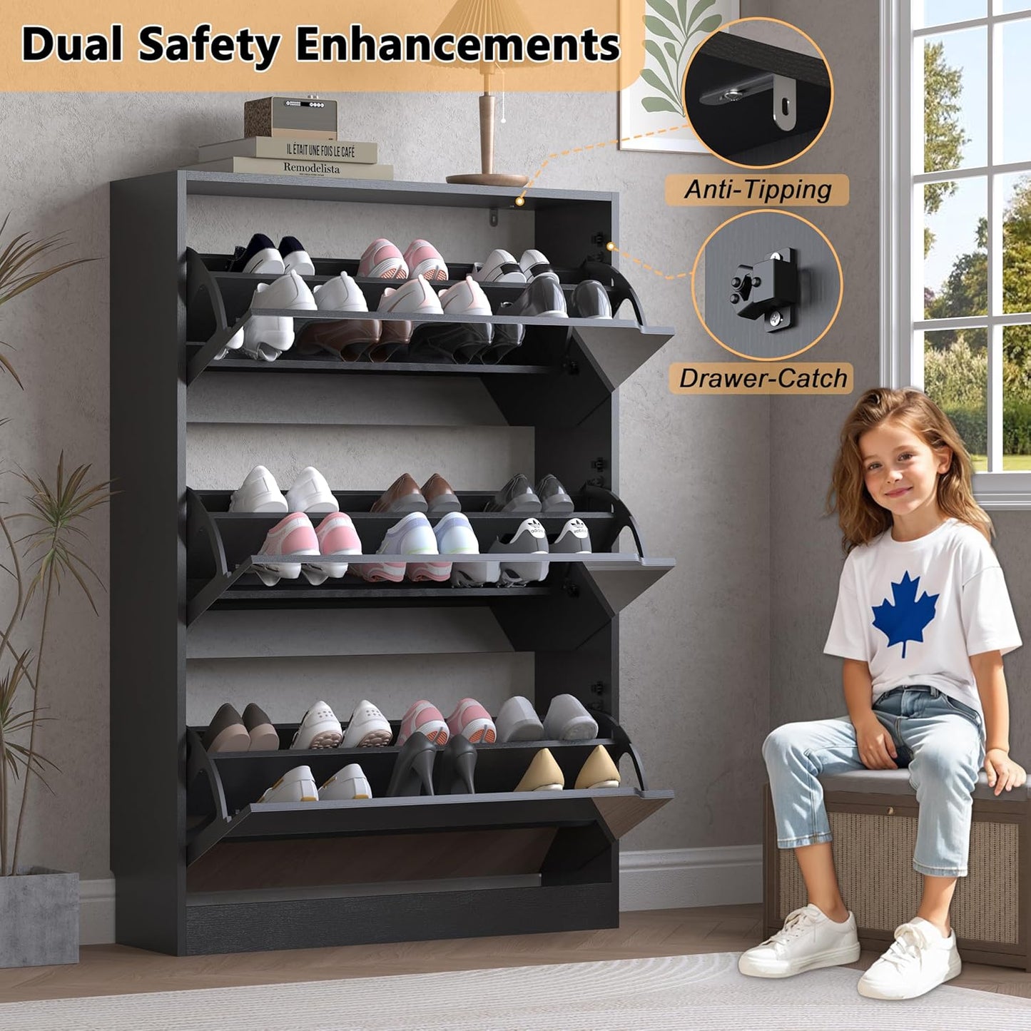 Shoe Cabinet with 3-Flip Mirror Drawers, Freestanding Shoe Rack Organizer with Hidden Handle, Slim Narrow Shoe Storage Cabinet for Entryway, Entrance, Hallway, Bedroom