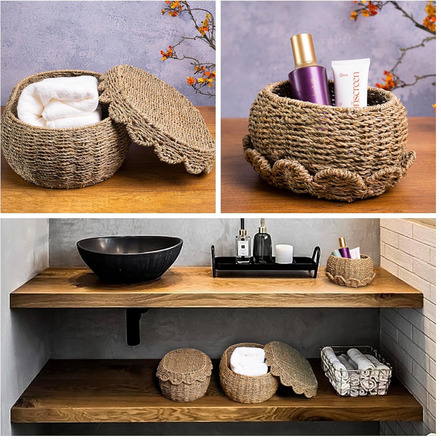 KOLWOVEN Set of 3 Wicker Storage Baskets with Lid - Decorative Handwoven Rattan Baskets for Organizing, Small Hyacinth Storage Boxes with Scalloped Edges, Natural Woven Storage Bins with Lids