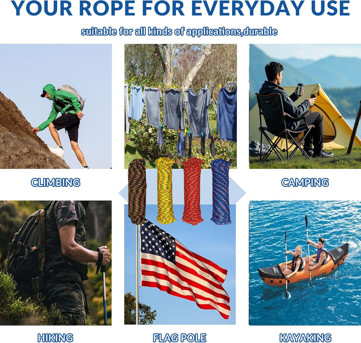 Diamond Braided Polypropylene Rope Nylon Mix Thick Heavy Duty Ropes 1/4 inch 100ft High Strength Perfect for Clothesrope Camping Hiking and Other Outdoor Activities 1/4 100ft 4Pack Rope