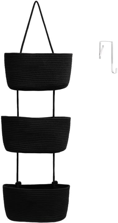 TeoKJ Over the Door Organizer, 3-Tier Woven Cotton Hanging Kitchen Baskets Storage Organizer Bag with Hooks Wall-Mounted Decorative Rope Baskets - Black