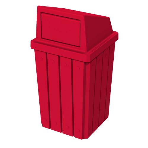 32 Gallon Square Slatted 100% Recycled Plastic Heavy Duty Outdoor Trash Can with Push Top Lid - Great for Schools and Businesses - Red