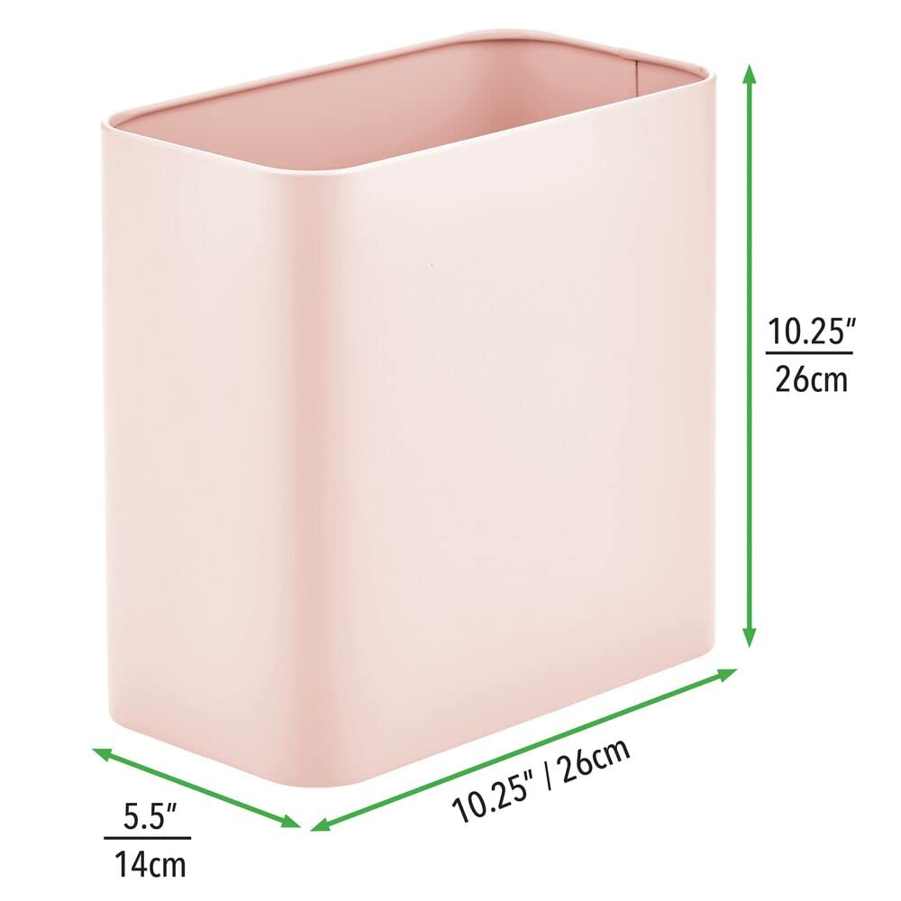 mDesign Metal Wastepaper Bin — Compact Rectangular Bathroom Bin — Rubbish Basket for Home and Office — Light Pink
