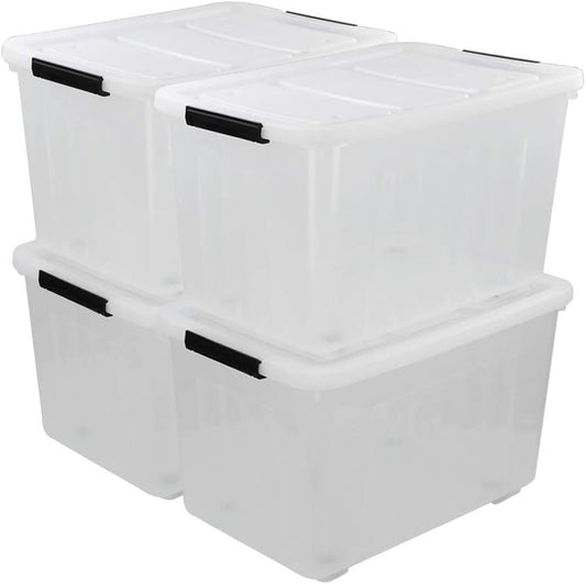 70 L Clear Plastic Large Storage Box with Wheels, Set of 4 LargeLatch Plastic Box for Storage
