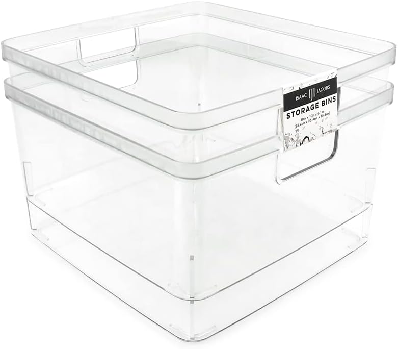 Isaac Jacobs 2-Pack Square Clear Storage Bins (10” L x 10” W x 6.1” H) w/Cutout Handles, Plastic Organizer for Home, Office, Kitchen, Fridge/Freezer, Bathroom, BPA Free, Food Safe (2-Pack, Square)