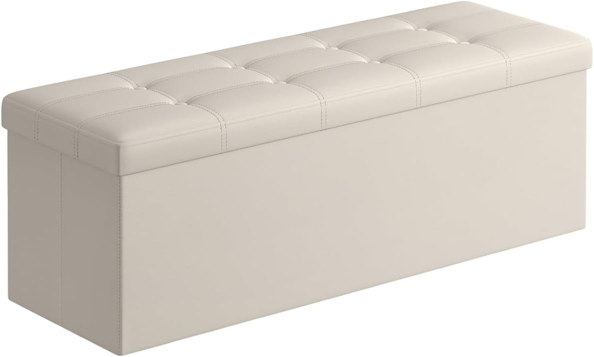 SONGMICS Mazie Collection - 43 Inches Folding Storage Ottoman Bench, Ottoman with Storage, Foot Rest Stool, Load 660 lb, for Living Room, Synthetic Leather, Cream White ULSF70M