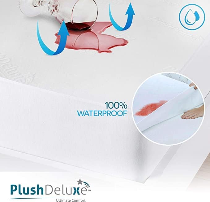 PlushDeluxe Premium Bamboo Mattress Protector – Twin Size, Waterproof, & Ultra Soft Breathable Noiseless Washable Bed Mattress Cover for Comfort & Protection - White