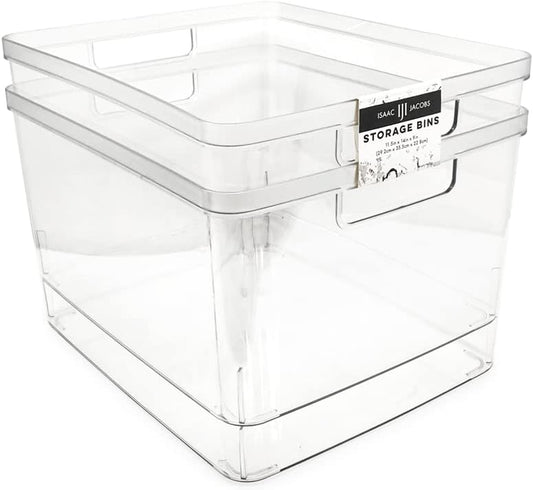 Isaac Jacobs 2-Pack Extra-Large Clear Storage Bins (11.5” L x 14” W x 9” H) w/Cutout Handles, Plastic Organizer for Home, for Kitchen, Fridge, Pantry, BPA Free, Food Safe (2-Pack, Extra-Large)