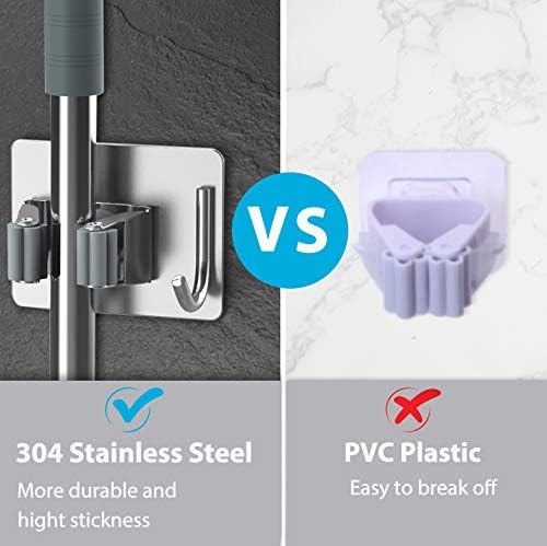 Mop Broom Holder No Drill, Mop Broom Organizer Wall Mounted Heavy Duty with Hooks Hanger, Self Adhesive Stainless Steel 6Pcs for Bathroom, Kitchen, Office (Silver)