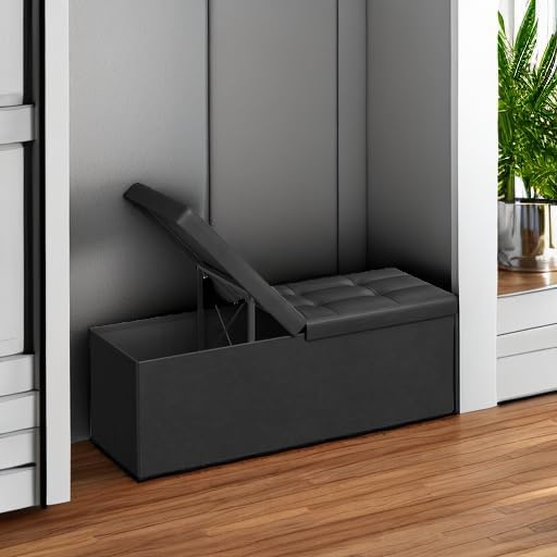 SONGMICS MAZIE Collection - 43 Inches Storage Ottoman Bench with Flipping Lid, Storage Chest with Iron Frame Support, Load 660 lb, for Living Room, Bedroom, Synthetic Leather, Black ULSF75BK