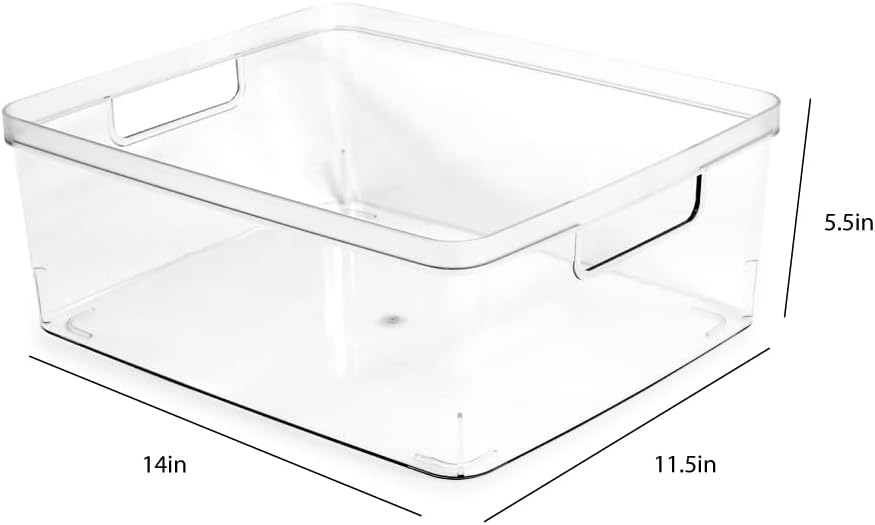 Isaac Jacobs 2-Pack Large Clear Storage Bins (11.5” L x 14” W x 5.5” H) w/Cutout Handles, Plastic Organizer for Home, Office, Kitchen, Fridge/Freezer, Bathroom, BPA Free, Food Safe (Large)