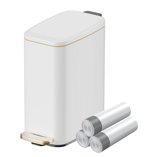 KUK Slim Bathroom Trash Can with Lid, 1.6 Gal / 6L Stainless Steel Small Garbage Bin with Detachable Inner Bucket, Step Pedal, Silent Close, Wastebasket for Toilet, Bedroom, Home, Office (White)