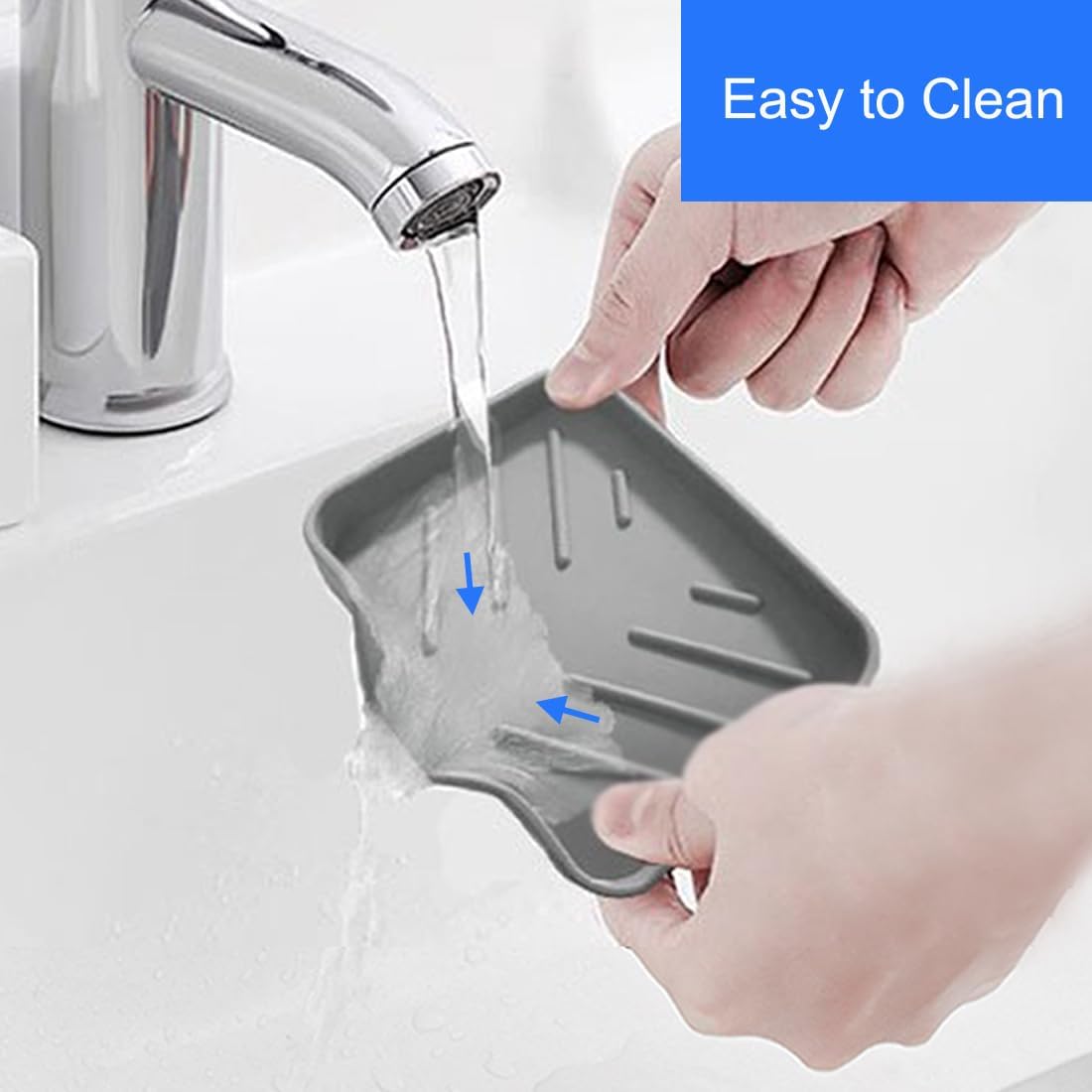 Sponge Holder with Drain Spout, Silicone Sponge Tray for Kitchen Sink, Rubber Soap Dish for Shower Bathroom (Grey, 4.7" x 3.6")