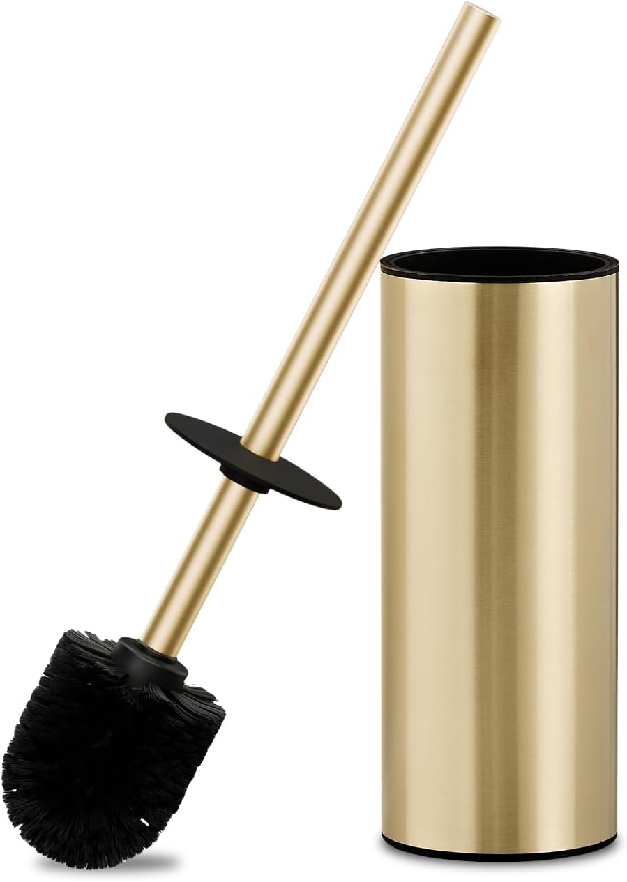 304 Stainless Steel Toilet Bowl Brush and Holder Set, Circular Floor Toilet Brush Holder, Long Handle, Bathroom Heavy-Duty Cleaner, High-End Cylinder Wall,2 Brush Head (Brushed Gold) YIGUANXIN