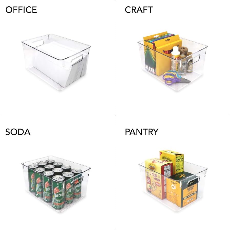 Isaac Jacobs 3-Pack Large Clear Storage Bins with Handles, Plastic Organizer for Home, Room, Office, Fridge, Kitchen/Pantry Non-Slip Container Set, Food Safe, BPA Free (3-Pack, Large)