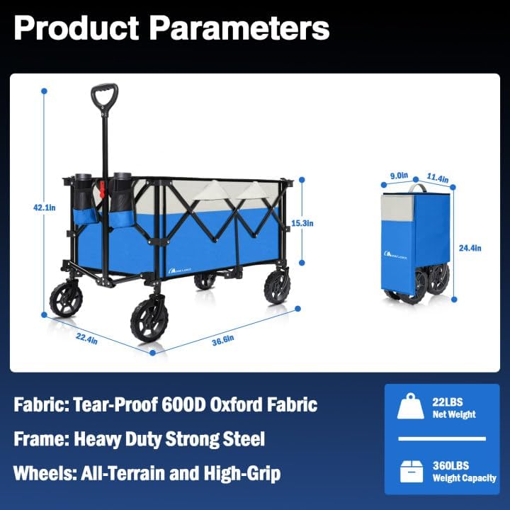 Moon Lence Collapsible Folding Wagon Cart Heavy Duty Folding Garden Portable Hand Cart with All-Terrain Beach Wheels, Adjustable Handle & Drink Holders (Blue & Ivory)