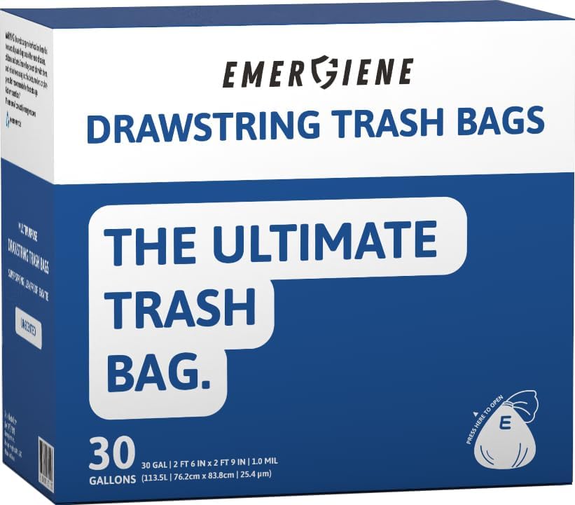 Ultra Strong 30 Gallon Drawstring Trash Bags, Unscented 120 Count Garbage Bags, Pre-Separated, Recycled Materials, Heavy Duty, Leakproof, Sturdy, Black