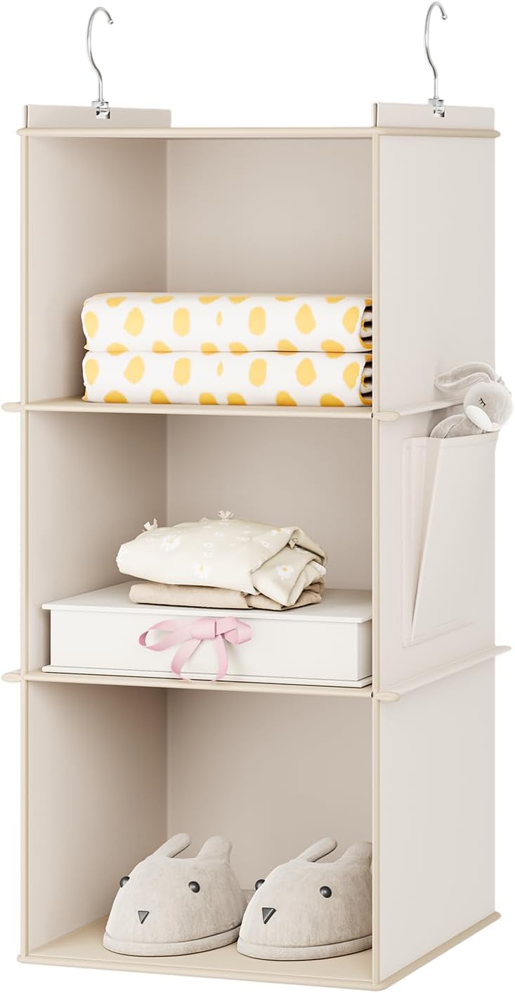 YOUDENOVA Hanging Closet Organizer, 3-Shelf Closet Hanging Storage Shelves, Beige