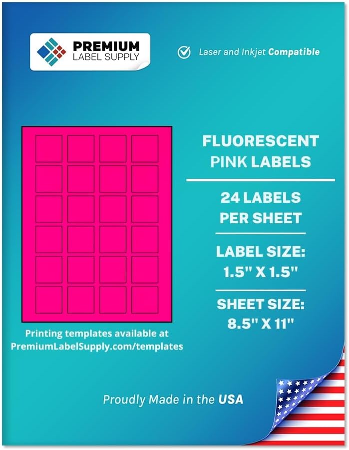 Premium Label Supply Bright Neon Color Fluorescent Sticker Labels - 1.5" x 1.5" Square Labels - (Fluorescent Pink, 600 Labels)