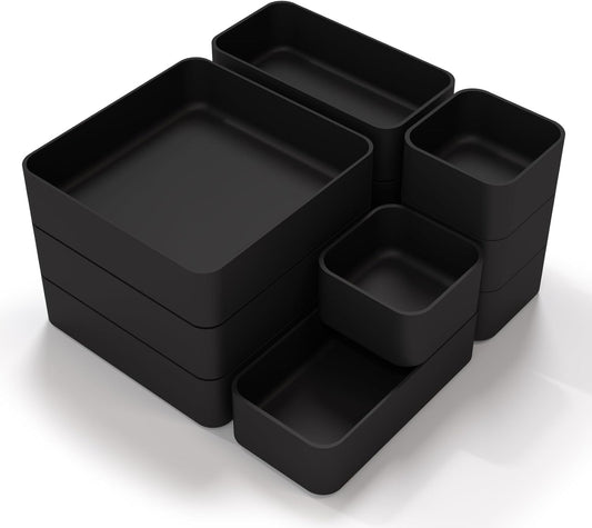 11-Piece Stackable Drawer Organizer Set, Multi-size Desk Drawer Organizer Trays Vanity Storage Bins for Storing Makeup, Stationery, Utensils in Bathroom Dresser, Office and Kitchen