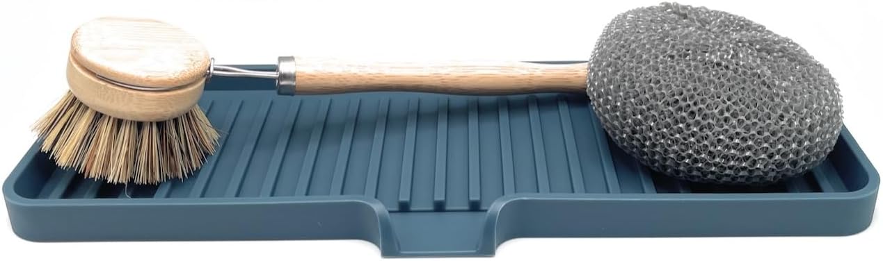 Happitasa Silicone Soap Dish Tray and Sponge Holder with Drain Chute | Bathroom and Kitchen Sink Organizer Caddy (Smoky Blue, 12"x4", 7.4 Ounces)