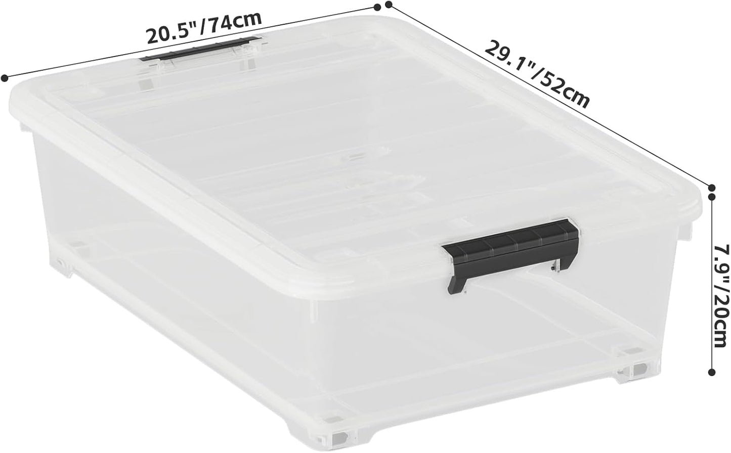 52 Quart Large Plastic Underbed Latching Storage Box, Clear Wheeled Under Bed Storage Bins, 3 Packs