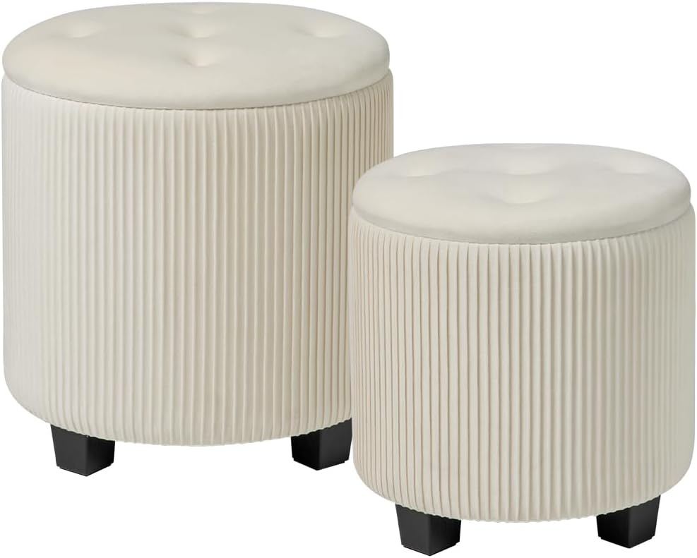 Big Round Ottoman with Storage Set of 2,Upholstered Velvet Vanity Stool for Makeup Multifunctional Foot Rest Coffee Table Padded Seat Tufted Ottomans for Living Room&Bedroom（White）