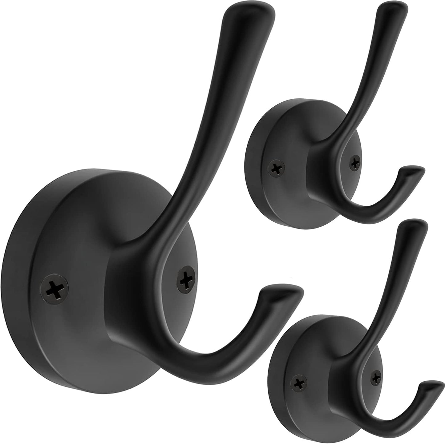Black Wall Hooks Towel Hooks, 3 Pack Coat Hooks Robe Hook Heavy Duty Metal Double Bath Hook Wall Mounted, Hand Towel Hooks for Entryway Bathroom Kitchen Closet Garage