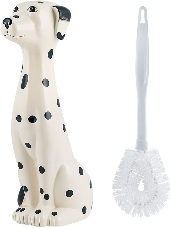 Allure Home Creation Dalmatian Dog White & Black 2-Piece Ceramic Toilet Brush Holder w/White Plastic Handled Scrub Brush, 9.4” x 5.3” x 16.7”