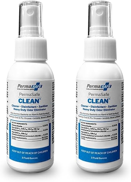 PermaSafe CLEAN, All-Purpose Hospital Disinfectant Cleaner; No Rinse, Hard, Soft & Food Contact Surface Sanitizer; Mold, Mildew and Fungi Killer; Odor Eliminator; Allergen Remover & More-3 Fl Oz-2 Pk