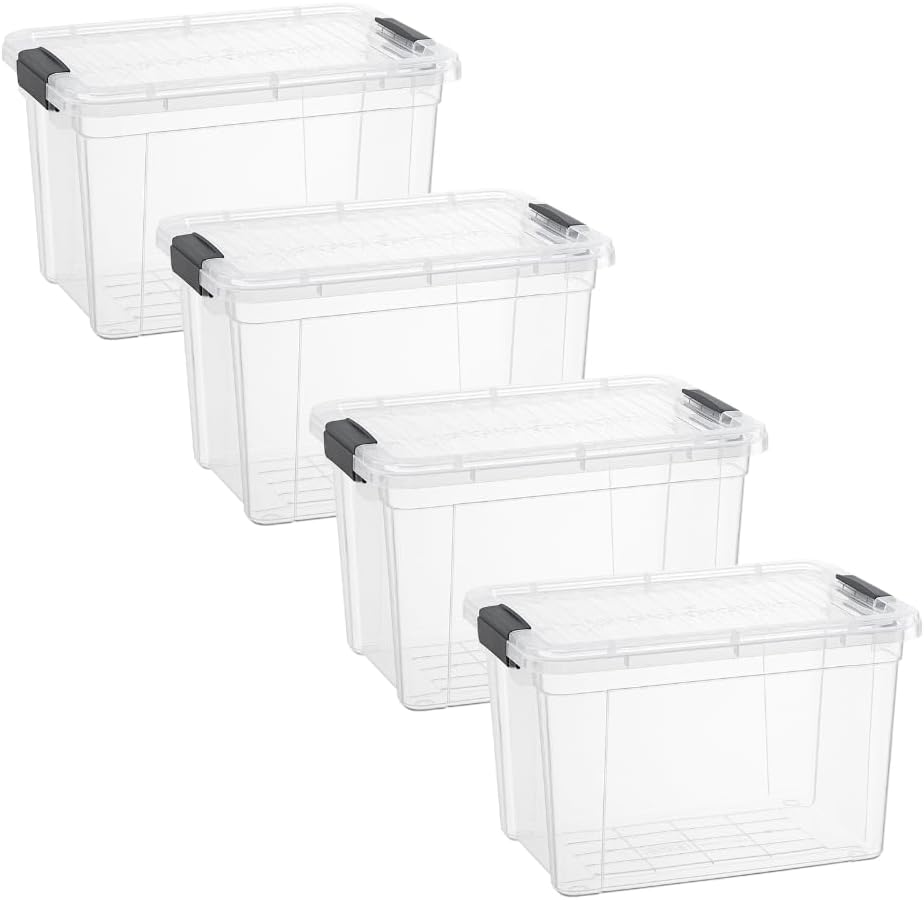 Superio Clear Storage Bins with Lids, Stackable Deep Storage Boxes with Latches and Handles, Extra Small, 4 Pack, Deep Containers for Home, Garage, and Kitchen