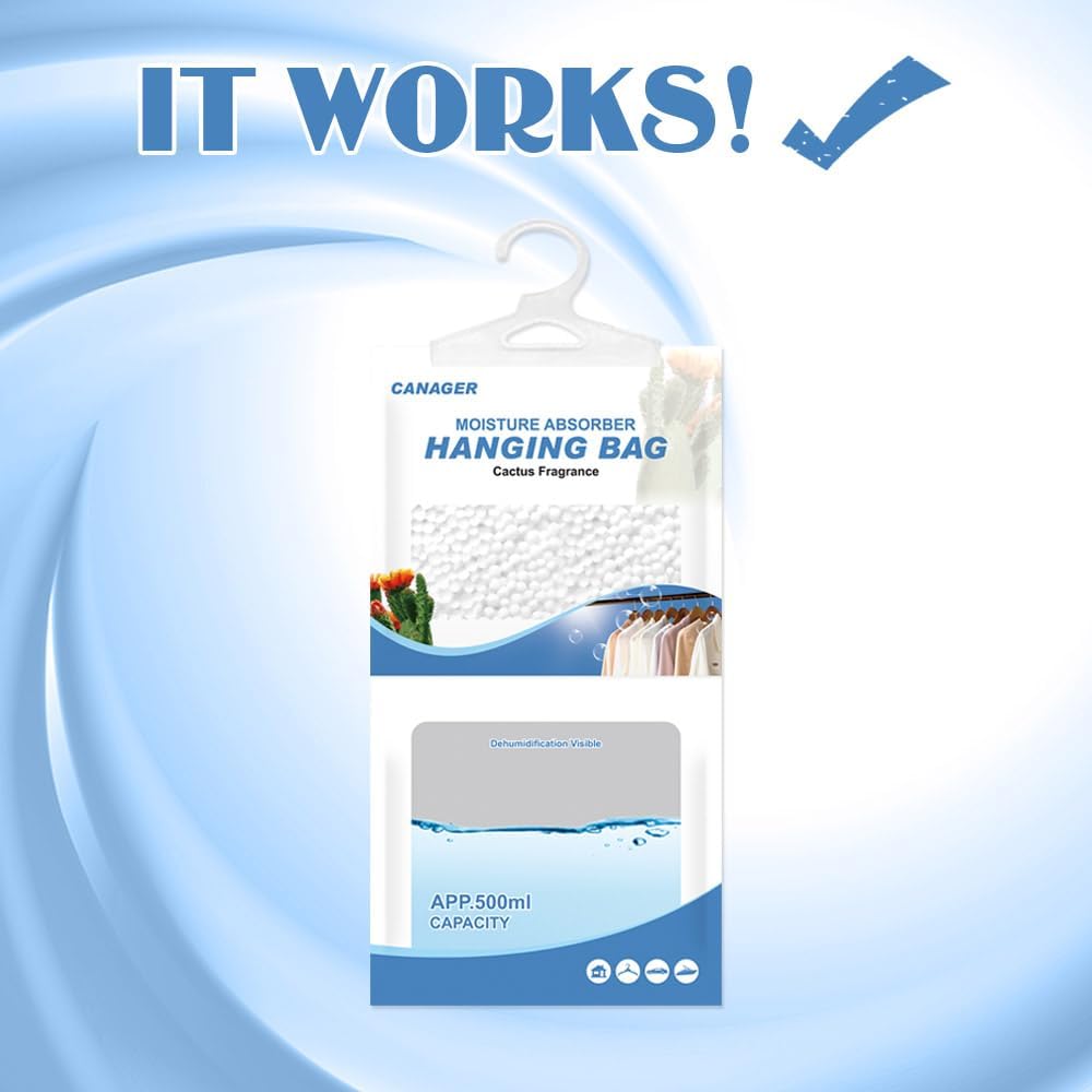 CANAGER Hanging Moisture Absorber, Cactus Fragrance Moistureproof Hanging Bag, Dehumidifier Bag (8 packs) Hanging Closet Dehumidifier Bags, Moisture Absorb 12.5 oz.