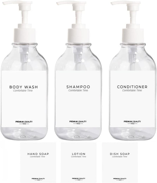 3 Pack of Shampoo and Conditioner Bottles - Apothecary Dispenser Bottle for Bathroom and Kitchen, Refillable Shampoo Bottles for Shampoo Lotion Oil Shower Soap Hand Soap and Dish Soap (Clear)