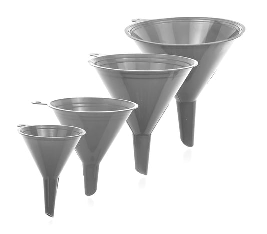 Funnel Gray in 4 Different Sizes (122, 101, 76 & 50mm) Durable & Non-Toxic Food Grade Plastic -Funnels for Filling Bottles or Containers – Ideal for Kitchen, Garage & Labs