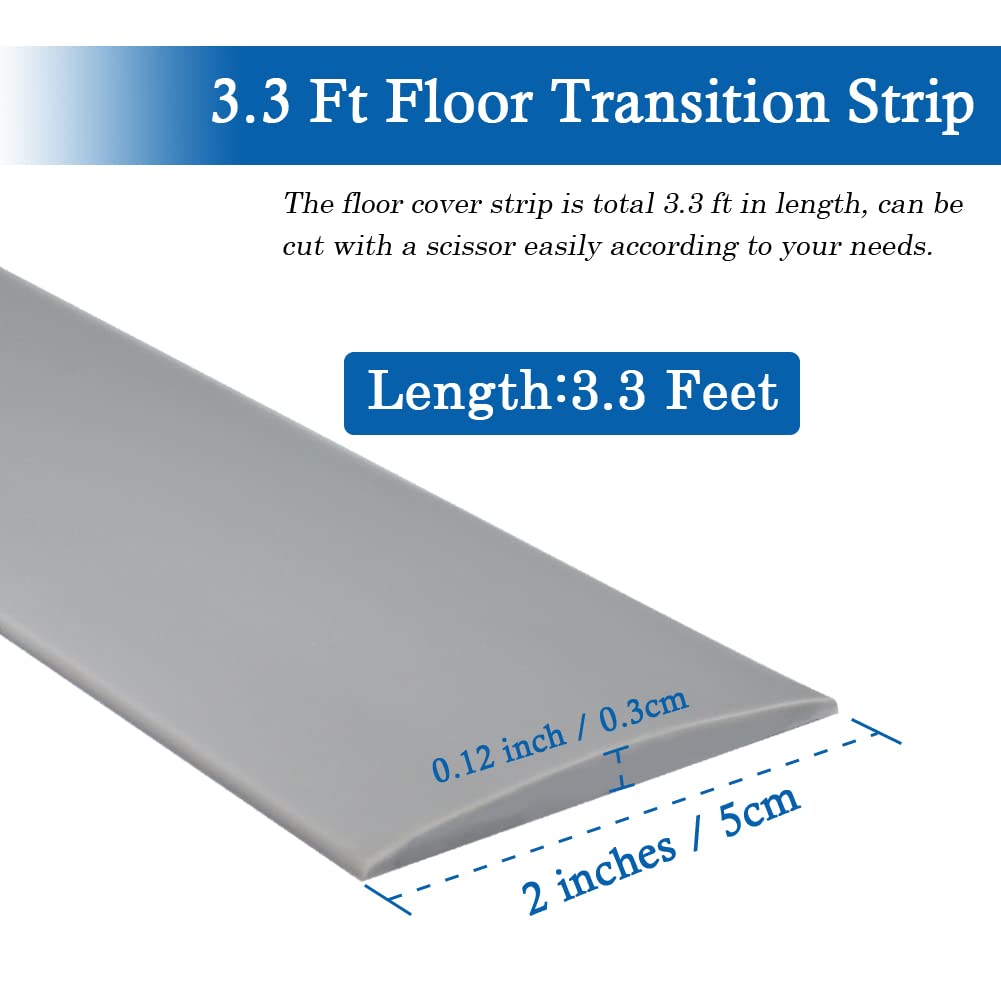 Floor Transition Strip Self Adhesive Floor Cover Strips Laminate 2" Wide Vinyl Flat Divider Transitions (5cm, 3.3Ft, Gray)