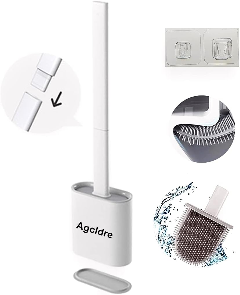 Toilet Brush with Holder Silicone Toilet Brush and Cleaning Brush for Household Bathroom Toliet Brush Set (White)