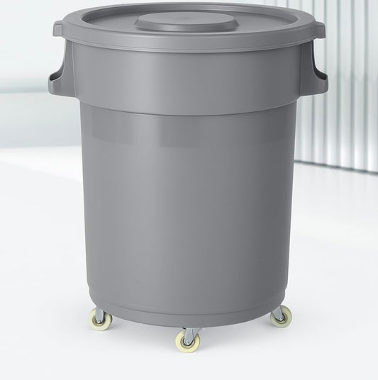 32-Gallon Round Commercial Trash Can with Lid and Dolly – Heavy-Duty Plastic Garbage Bin for Restaurants, Kitchens, Janitorial Use, Indoor – Mobile Waste Container on Wheels (Gray)