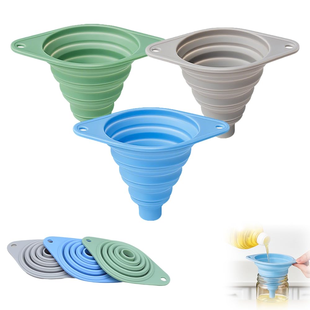 Kitchen Funnel Set 3 Pack, Collapsible Silicone Funnels for Filling Water Bottles & Small Bottles | Food-Grade, Easy Clean & Space-Saving (Mix Colors)