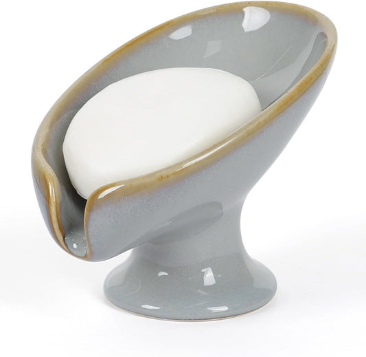 Soap Dish, Self Draining Bar Soap Holder for Bathroom Sink, Leaf Shaped Drainage Ceramic Porcelain Decorative Soap Dish, No Suction Cup, Kiln Stone Gray, ANTIS'S HOME